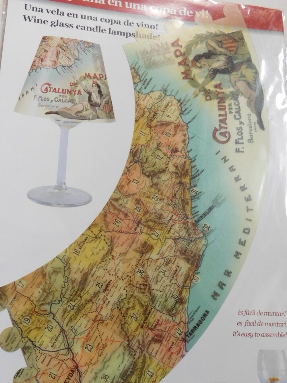 Wine Glass Candle Lampshade Vintage Catalonia Map Barcelona Art